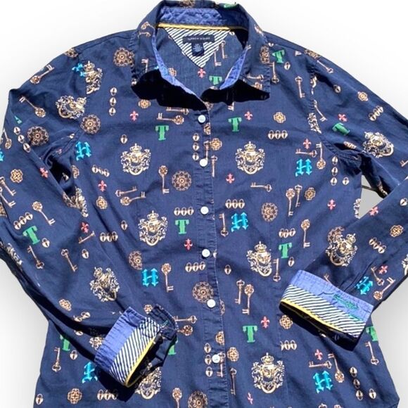 Tommy Hilfiger Women’s Navy Key Print Collared Button Down Shirt Blouse Small - Picture 2 of 9